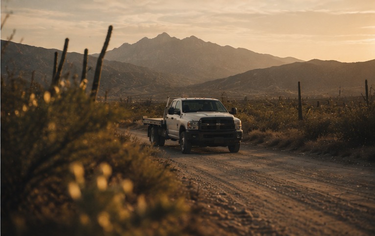Camión de plataforma de Hermanos Garza Logistics en carretera de terracería, sierra de Nuevo León al atardecer